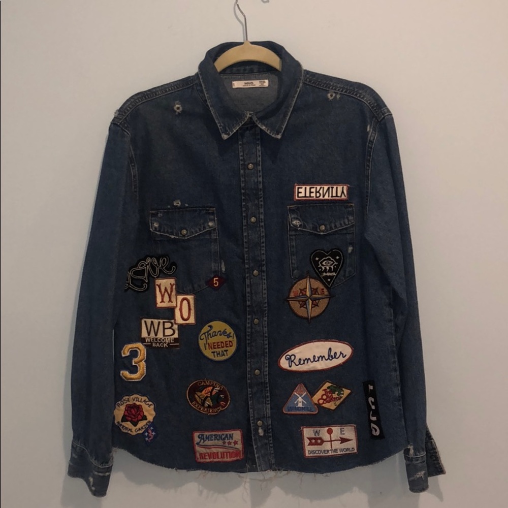 Patched denim throw over long sleeve